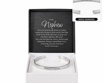 Personalized Engraved Nephew Cuff Bracelet, Perfect Gift from Aunt or Uncle.   Your Words, 2 Colors