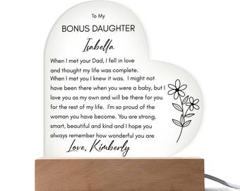 Personalized Bonus Daughter Gift from Stepmom, Heart Acrylic Plaque with LED Base