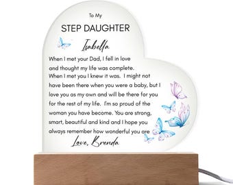 Personalized Step Daughter Gift from Stepmom, Heart Acrylic Plaque with LED Base