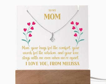 Personalized Mom Necklace & Acrylic Keepsake Gift Set, Love You Mom LED Plaque, Mother's Day Gift