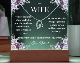 Personalized Wife Gift from Husband, LED Acrylic Plaque & Forever Love Necklace, Purple Floral Keepsake