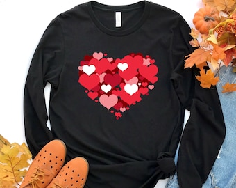 Red Heart Long Sleeve Shirt, Gift For Valentine's Day, Shirt For Couple, Happy Valentine's Day Shirt, Red Heart Tee, Cute Heart T-Shirt