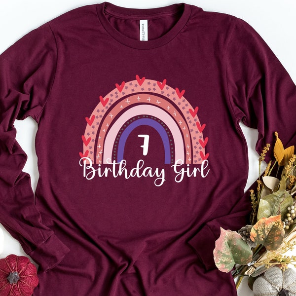 7 Birthday Girl Long Sleeve Shirt, 7th Birthday Shirt, Seventh Birthday Gift, Rainbow Birthday Long Sleeve Shirt,   Birthday Party Shirt
