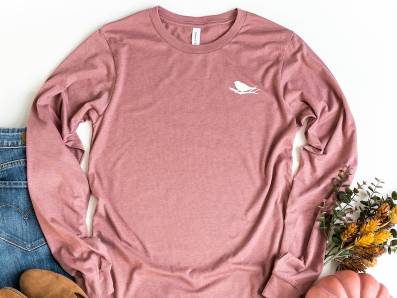 Birds On A Branch Long Sleeve Pocket T-Shirt, Bird On A Branch Sweatshirt, Bird Pocket Shirt, Bird Lover Gift, Bird Tee, Nature Shirt image 1