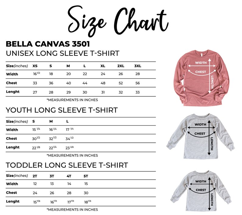 Op de afbeelding: Maattabel voor Bella Canvas 3501 unisex longsleeve t-shirts, longsleeve t-shirts voor jeugd en longsleeve t-shirts voor peuters. De tabel toont de afmetingen in inches voor breedte, borst en lengte voor elke maat.