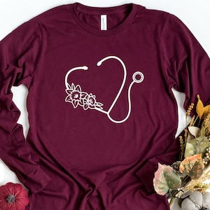 Floral Nurse Long Sleeve Shirt, Stethoscope Heart Shirt, Nurse Appreciation Gift, Medical Worker Shirt, Floral Stethoscope,Heart Stethoscope
