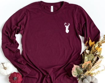 Deer Long Sleeve Shirt, Minimal Deer Graphic Tee, Hunting Lover Gift, Outdoor Adventure Shirt, Buck Silhouette Long Sleeve
