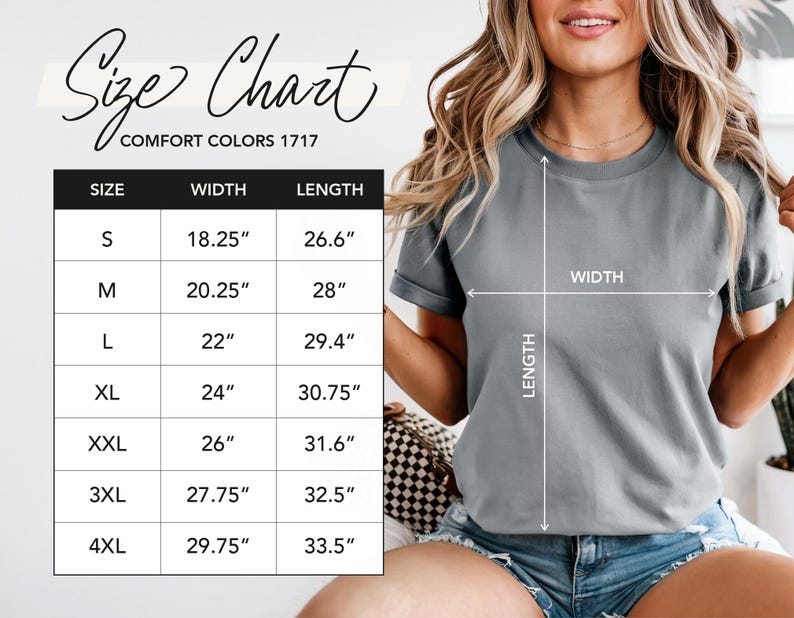 The image is a size chart for a gray t-shirt, with a woman wearing the t-shirt posing in front of the chart.