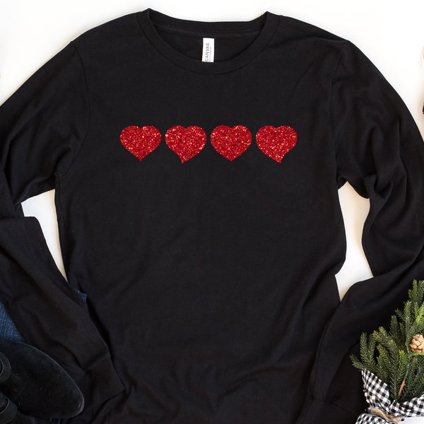 Glitter Heart Long Sleeve Shirt, Women's Valentines Day Shirt, Glitter Valentines Shirt, Heart Shirt, Valentine's Gift With Heart