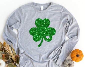 Shamrock Long Sleeve Shirt, Women Glitter Patrick&#39;s Day Long Sleeve Shirt, Glitter Shamrock Women Shirt, Lucky Shirt, Irish T-Shirt