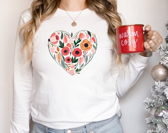 Flowers Heart Long Sleeve Shirt, Wildflower Shirt, Flowers Shirt, Gift for Women, Spring Flowers Shirt, Plant Lady Shirt, Floral Shirt