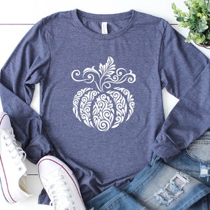 Pumpkin Floral Long Sleeve Shirt, Fall Graphic Tee, Autumn Pumpkin Top, Cute Thanksgiving Shirt, Harvest Season Outfit, Pumpkin Shirt