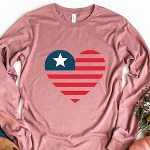 American Flag Heart Long Sleeve Shirt, 4th Of July Shirt, Patriotic Shirt, USA Flag Shirt, Independence Day Shirt, American Pride Shirt