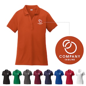 May include: An orange polo shirt with a three-button placket and short sleeves. The shirt features a white logo with the text "COMPANY TAGLINE". Additional polo shirts in black, green, gray, burgundy, navy, blue, red, and white are displayed below.