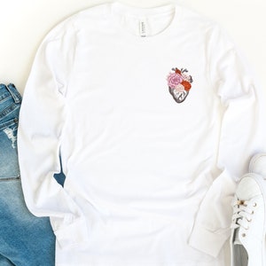 Pocket Heart Long Sleeve Shirt, Anatomichal Heart Shirt, Flower Heart Long Sleeve Shirt, Heart Long Sleeve Shirt, Floral Human Heart Shirt