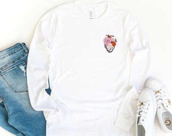 Pocket Heart Long Sleeve Shirt, Anatomichal Heart Shirt, Flower Heart Long Sleeve Shirt, Heart Long Sleeve Shirt, Floral Human Heart Shirt