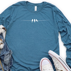 Three Birds Long Sleeve Shirt, Bird Lover Gift, Nature Inspired Long Sleeve, Minimalist Bird Design Shirt, Bird Tee, Bird Nerd, Nature Shirt