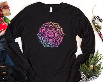 Mandala Long Sleeve Shirt, Cute Spring Long Sleeve Shirt, Flower Shirt, Sacred Geometry Long Sleeve Shirt, Cute Mandala Shirt