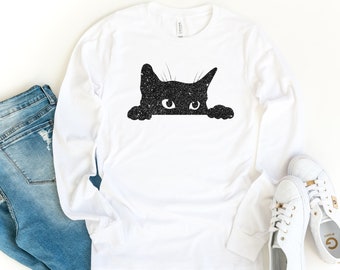 GLITTER Cat Silhouette Long Sleeve, Cat Long Sleeve Shirt, Cat Lover,   Cat Long Sleeve Shirt, Cute Cat, Gift For Cat Lover, Kitten Shirt