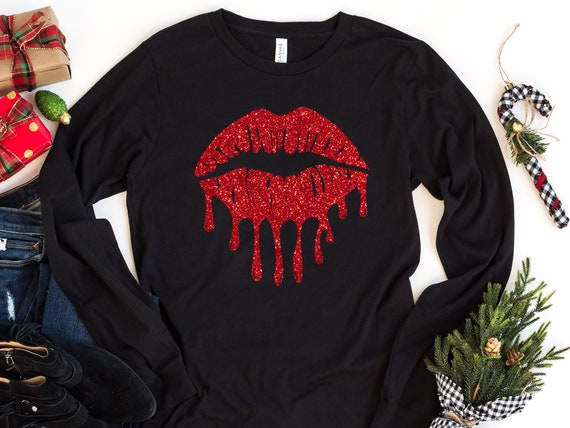 Glitter Lips Long Sleeve Shirt, Kiss Shirt, Lipstick Shirt, Valentine's Day Shirt, Kiss Lips Long Sleeve Shirt, Valentine's Day Gift