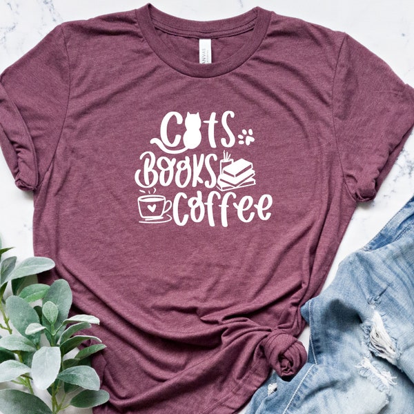 Camisa de café de libros de gatos, camisa de amante de los gatos, regalo para los amantes del café, camisa de amante de los libros, regalo para los amantes de los gatos, camisa de amante del café, regalo de amante de los libros