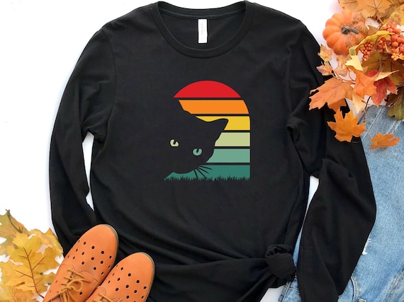 Retro Cat Long Sleeve Shirt, Cat Silhouette Shirt, Retro Kitty Shirt, Cat Lover Shirt, Vintage Cat Shirt, Kitten Shirt, Cat Lover Gift