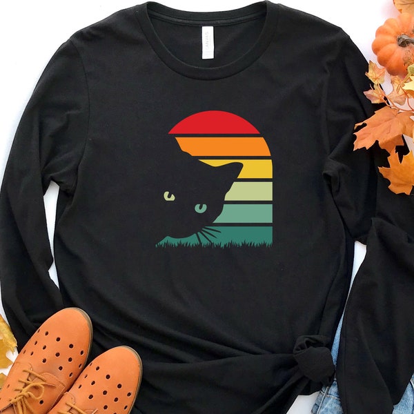 Retro Cat Long Sleeve Shirt, Cat Silhouette Shirt, Retro Kitty Shirt, Cat Lover Shirt, Vintage Cat Shirt, Kitten Shirt, Cat Lover Gift