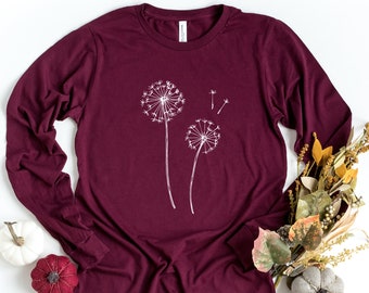 Wildflower Long Sleeve Shirt, Dandelion Shirt, Nature Inspired Tee, Spring Shirt, Floral Long Sleeve, Gift For Her, Nature Lover Shirt