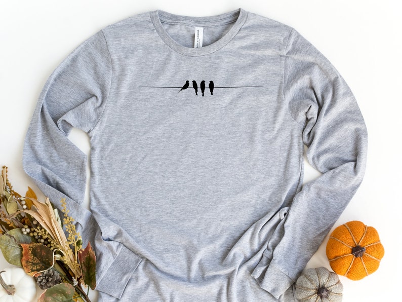 May include: A gray long-sleeved t-shirt with a simple design of four black birds perched on a wire.