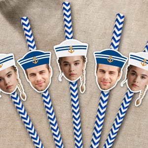 Groom Face Straws/Custom Sailor Face Straws/Groom Face Wearing Boat Captain Hat Party Straws for Bachelorette/Boat Bachelorette Themed Decor
