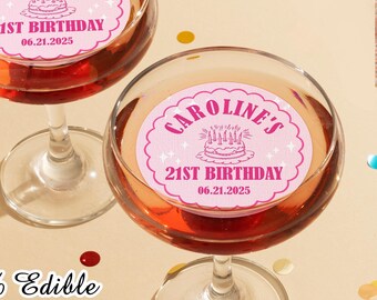 Benutzerdefinierter 21. Geburtstag essbarer Oblaten-Getränkedeckel/Cocktail-Topper/benutzerdefinierter essbarer Getränkedeckel/21. Geburtstagsparty-Cocktaildeckel/Cupcake-Topper