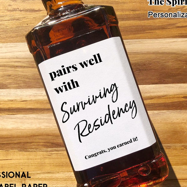 Pairs Well With Surviving Residency Wine Label/Female Male MD gift/Medical Gift For Doctor/Residency Gift/Gift for Student Doctor/Funny Gift