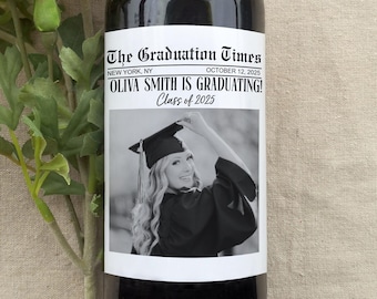 Funny Newspaper Graduation Gift /Grad Party Custom Wine Labels/Custom Graduation Party Favors/Class of 2025/Custom Graduation Wine Labels