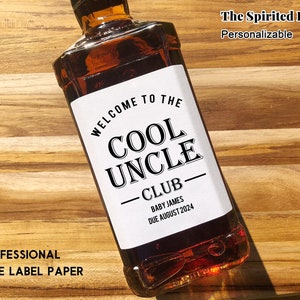 Pregnancy Announcement Whiskey Labels/Funny Announcement Gift/Gift for Uncle/Cool Uncle Club/Pregnancy Announcement Ideas/Baby Reveal Label