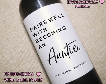 Baby Announcement Wine Labels/Pregnancy Announcement Gift/Baby on the way/New Aunt Gift/Gift for Aunt to be/Gift for Auntie/Becoming an Aunt