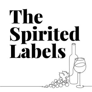 May include: Black and white illustration of a wine bottle, wine glass, and grapes with the text "The Spirited Labels".