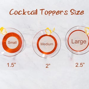 May include: Three cocktail toppers in different sizes: small (1.5 inches), medium (2 inches), and large (2.5 inches). Each topper is a round, orange-colored disc with a white circle in the center.