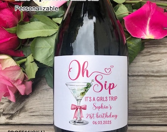 Oh Sip Birthday Celebration Champagne Labels/A Tini Bit Older Birthday Party Wine/Custom Pink Bow Martini Themed Birthday Wine Favors