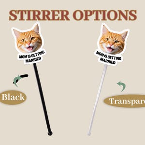 Puede incluir: Removedores con tem&aacute;tica de gatos con el texto "MOM IS GETTING MARRIED". La cara del gato es naranja y blanca. Los removedores est&aacute;n disponibles en opciones negras y transparentes. El texto "STIRRER OPTIONS" est&aacute; en la parte superior de la imagen.