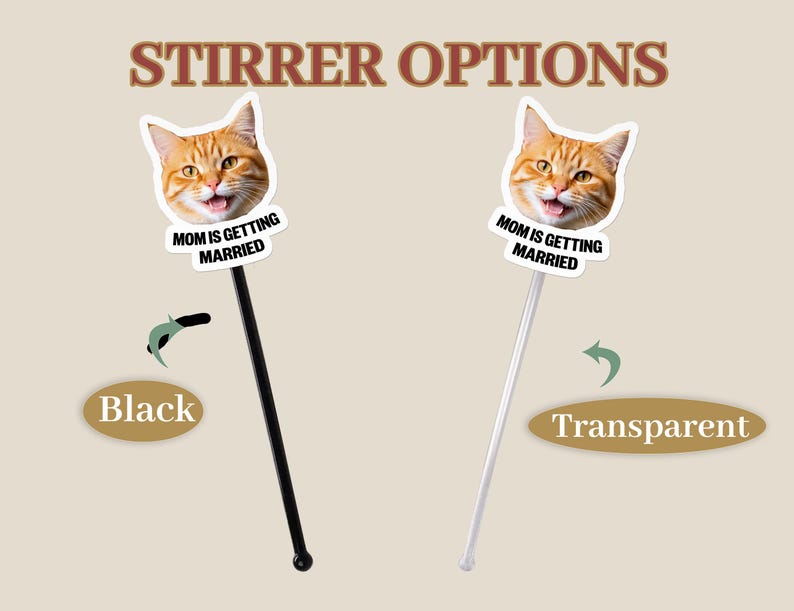 Puede incluir: Removedores con tem&aacute;tica de gatos con el texto "MOM IS GETTING MARRIED". La cara del gato es naranja y blanca. Los removedores est&aacute;n disponibles en opciones negras y transparentes. El texto "STIRRER OPTIONS" est&aacute; en la parte superior de la imagen.
