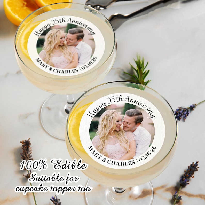 May include: Two edible cupcake toppers with a photo of a couple and the text "Happy 25th Anniversary Mary & Charles 02.16.26".