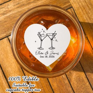 EDIBLE Heart Wedding Drink Toppers/Custom Edible Drink Toppers/Name and Date Drink Toppers For Wedding, Engagement, Save the Date, Birthday