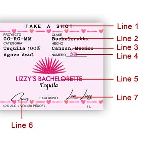 May include: A pink and white label with the text "TAKE A SHOT" and "LIZZY'S BACHELORETTE Tequila". The label also includes the text "GC-RG-MM", "Tequila 100% Agave Azul", "Bachelorette", "Cancun, Mexico", "40% ALC./VOL. (80 PROOF)", and "1 L".