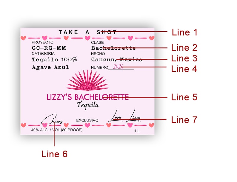 May include: A pink and white label with the text "TAKE A SHOT" and "LIZZY'S BACHELORETTE Tequila". The label also includes the text "GC-RG-MM", "Tequila 100% Agave Azul", "Bachelorette", "Cancun, Mexico", "40% ALC./VOL. (80 PROOF)", and "1 L".