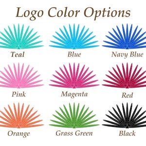 May include: Nine colour options for a logo design. The logo is a stylised image of a fan with a variety of colours including teal, blue, navy blue, pink, magenta, red, orange, grass green, and black.