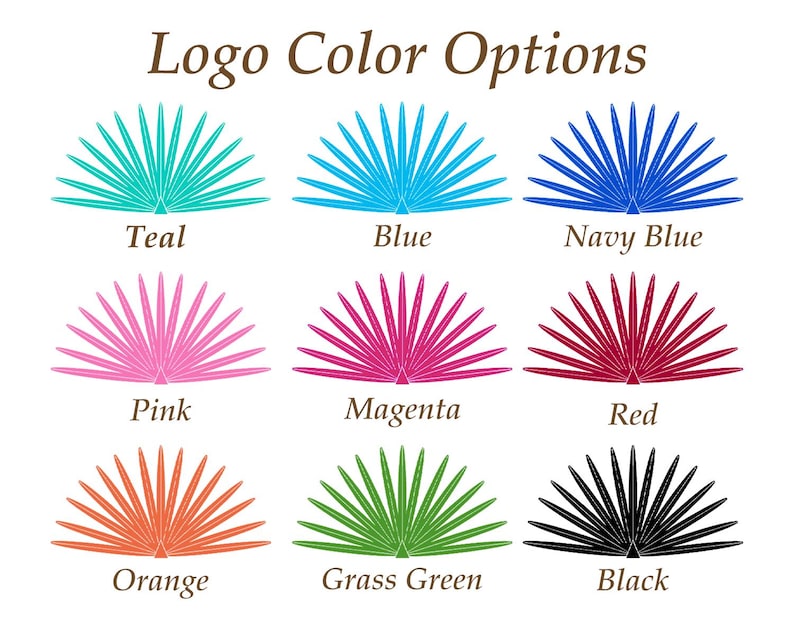 May include: Nine colour options for a logo design. The logo is a stylised image of a fan with a variety of colours including teal, blue, navy blue, pink, magenta, red, orange, grass green, and black.