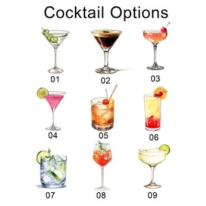 May include: Nine different cocktail illustrations, each with a number underneath. The cocktails include a martini, an espresso martini, a cosmopolitan, a margarita, an old fashioned, a tequila sunrise, a gin and tonic, a bellini, and a margarita.