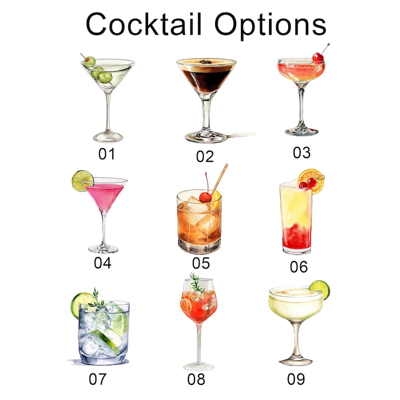 May include: Nine different cocktail illustrations, each with a number underneath. The cocktails include a martini, an espresso martini, a cosmopolitan, a margarita, an old fashioned, a tequila sunrise, a gin and tonic, a bellini, and a margarita.