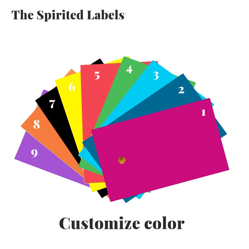 May include: A colour chart with nine different colour swatches, numbered 1 through 9. The swatches are arranged in a fan shape, with the largest swatch at the top and the smallest swatch at the bottom. The text "The Spirited Labels" is at the top of the image, and the text "Customize colour" is at the bottom.