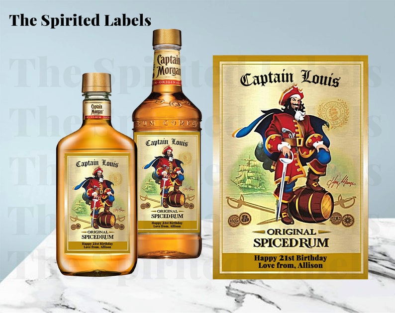 May include: Two bottles of Captain Morgan spiced rum with custom labels featuring a cartoon pirate and the text "Captain Louis - Original Spiced Rum - Happy 21st Birthday - Love from, Allison".